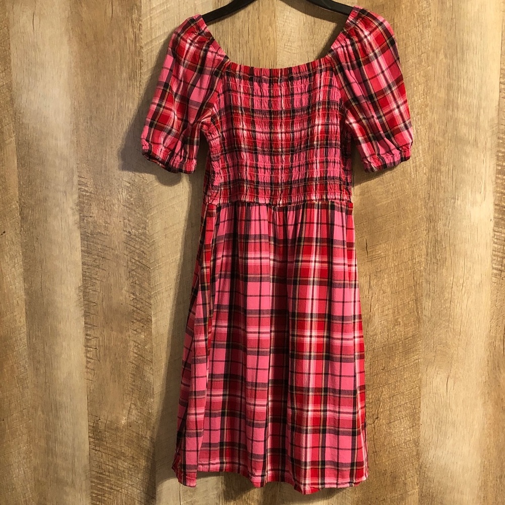 Old Navy Pink and Red Plaid Smocked Dress